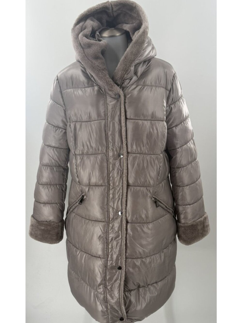 Tahari Womens Gray Quilted Puffer Coat Fleece Hood Parka Warm Classic Large
